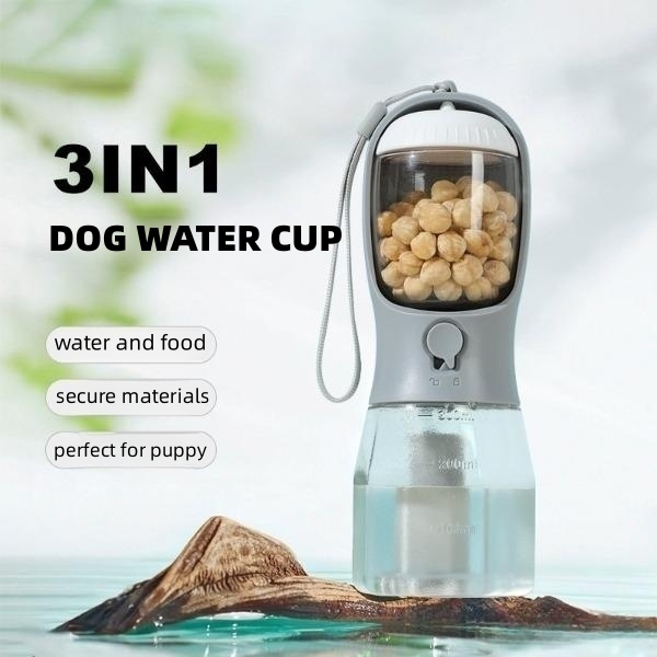 3-in-1 Portable Pet Water Bottle — 300ml Cup, 100g Food Container & Waste Bag Compartment