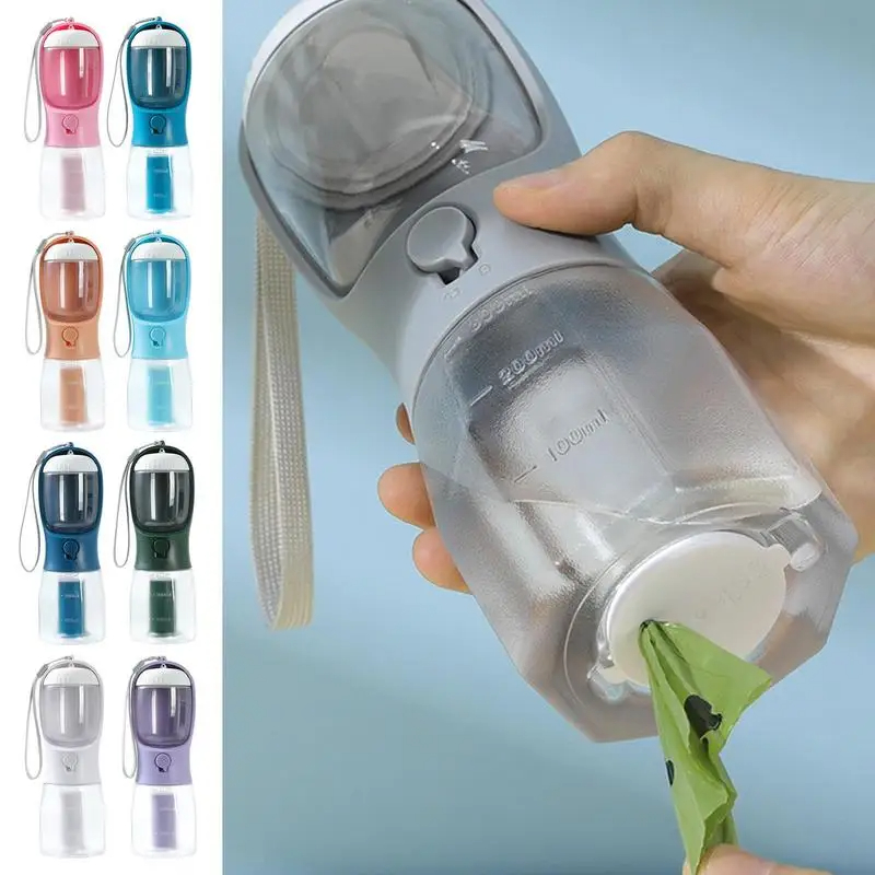 3-in-1 Portable Pet Water Bottle — 300ml Cup, 100g Food Container & Waste Bag Compartment