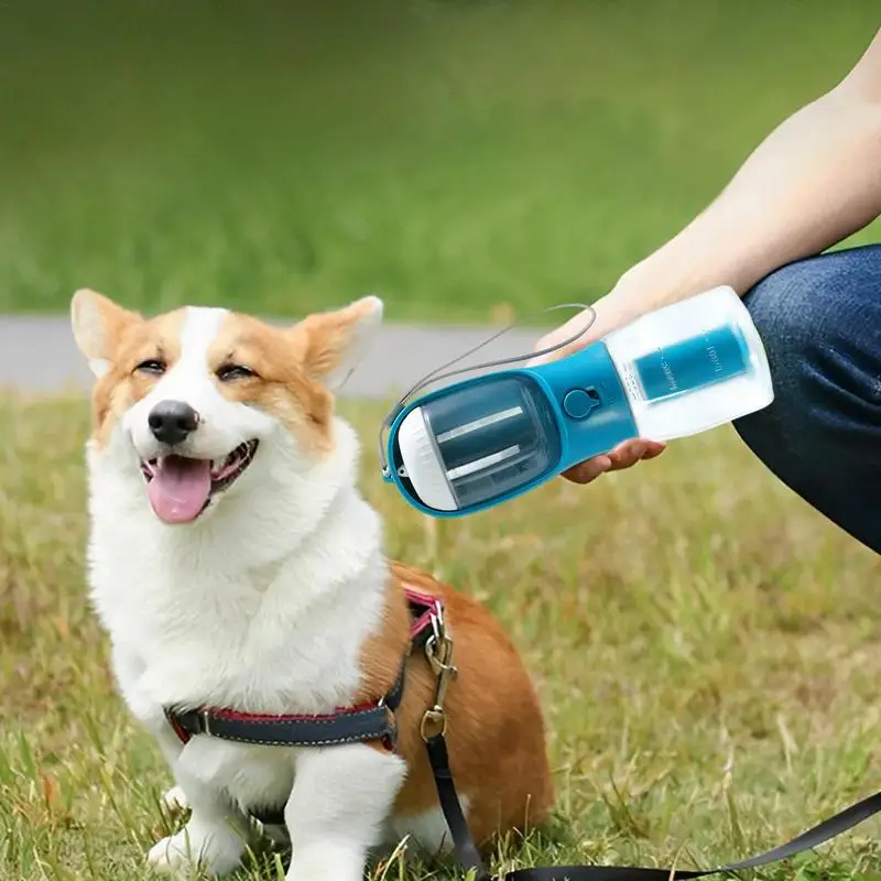 3-in-1 Portable Pet Water Bottle — 300ml Cup, 100g Food Container & Waste Bag Compartment