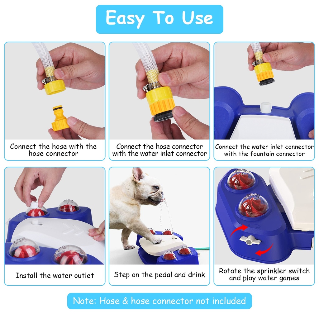 Automatic Dog Water Fountain Step-On Sprinkler with 4 Shower Balls, 2 Outlet Sizes & Inlet Connector — Blue or Yellow