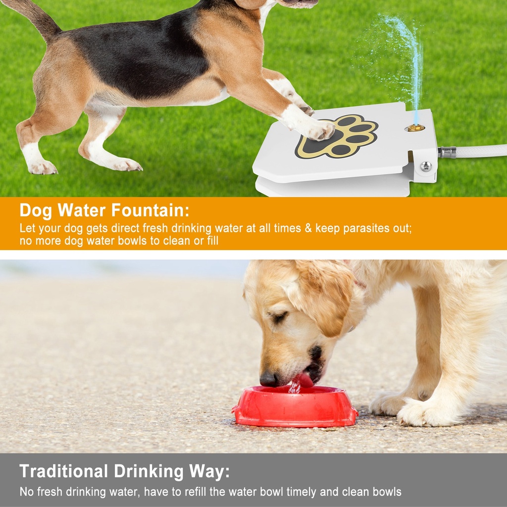Step-On Outdoor Dog Water Fountain with Paw Pedal, 1m Hose & 2-Way Splitter — Iron + Plastic, White (Medium/Large Dogs)