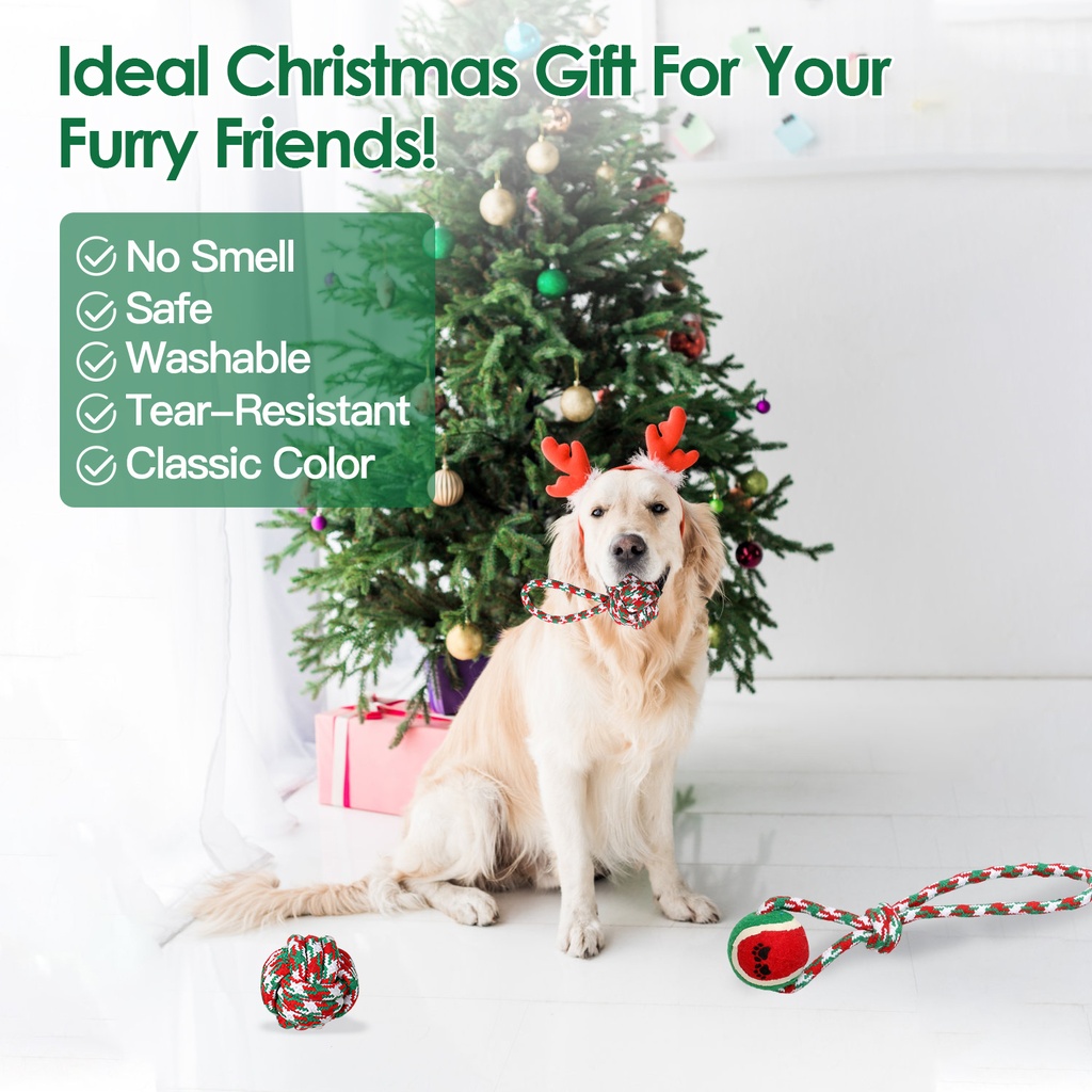 Set of 5 Christmas Rope Dog Chew Toys — Polyester/Cotton Interactive Puppy Toys for Small & Medium Dogs