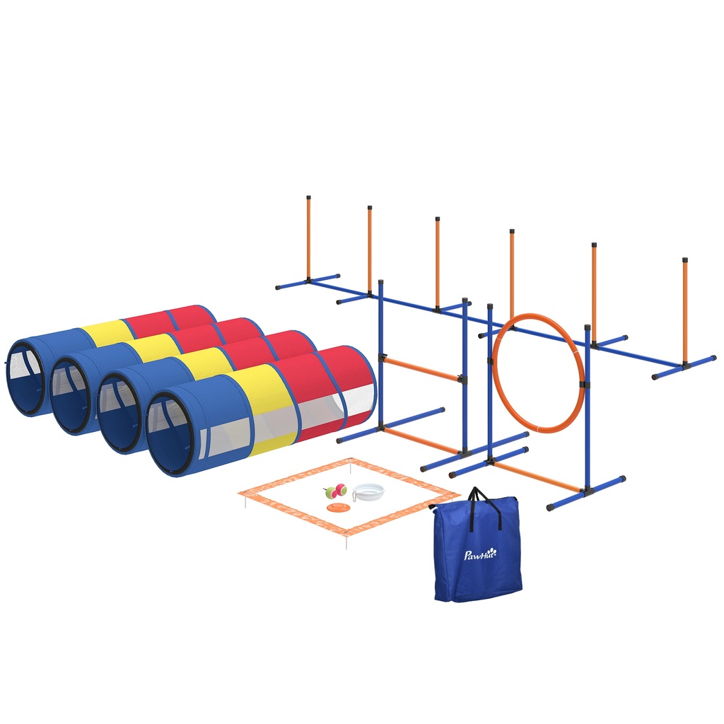 [PBX-T-004625] Dog Agility Training Equipment, 12-Piece Dog Obstacle Course with Adjustable Hurdle & Ring, 4 Tunnels, Weave Poles