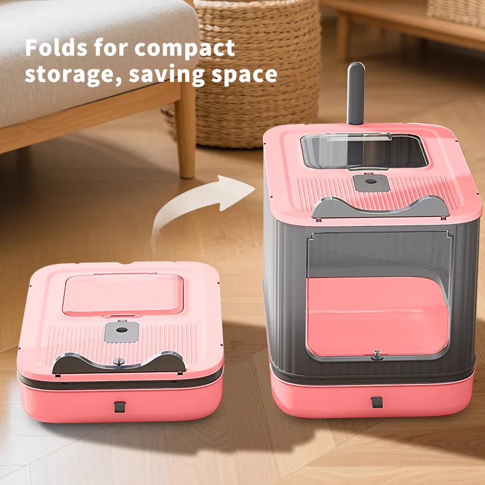 [PBX-T-004628] Elf Cat Litter Box, Dual-Entry Fully Enclosed, Odor-Free, Modern White, Easy Clean Drawer Tray (Pink)