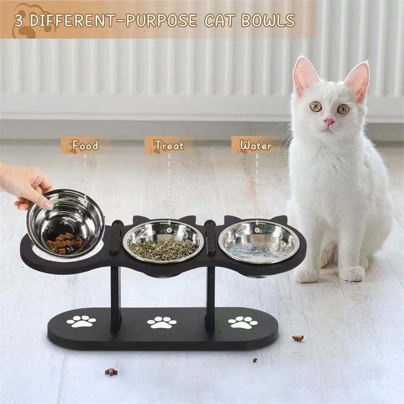 Vertical Pet Feeder Adjustable Wooden Dining Table White Three Bowls Grinding Plate ABS Resin